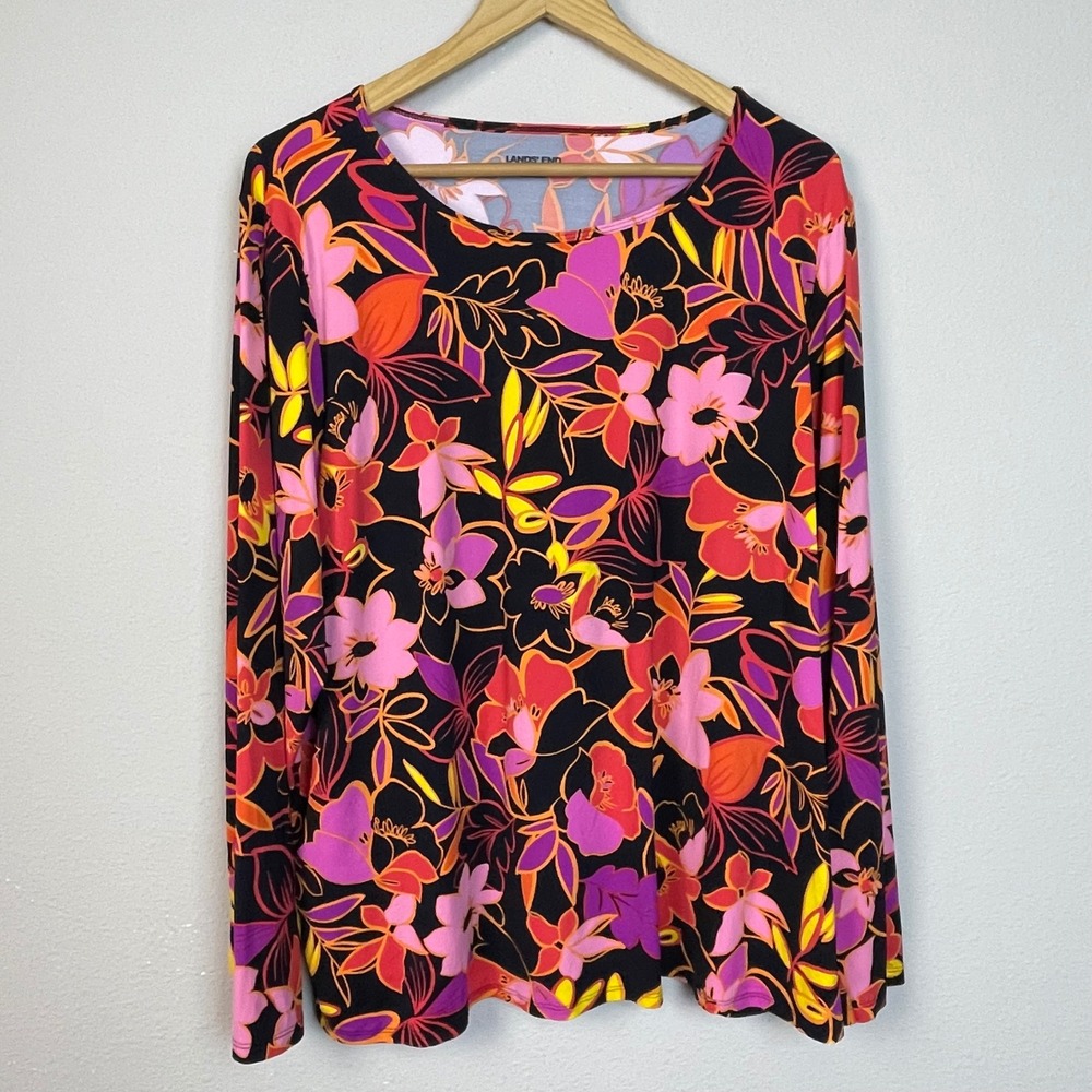Lands End Womens 2X L Long Sleeve Floral Print Top Black Pink Orange Yellow